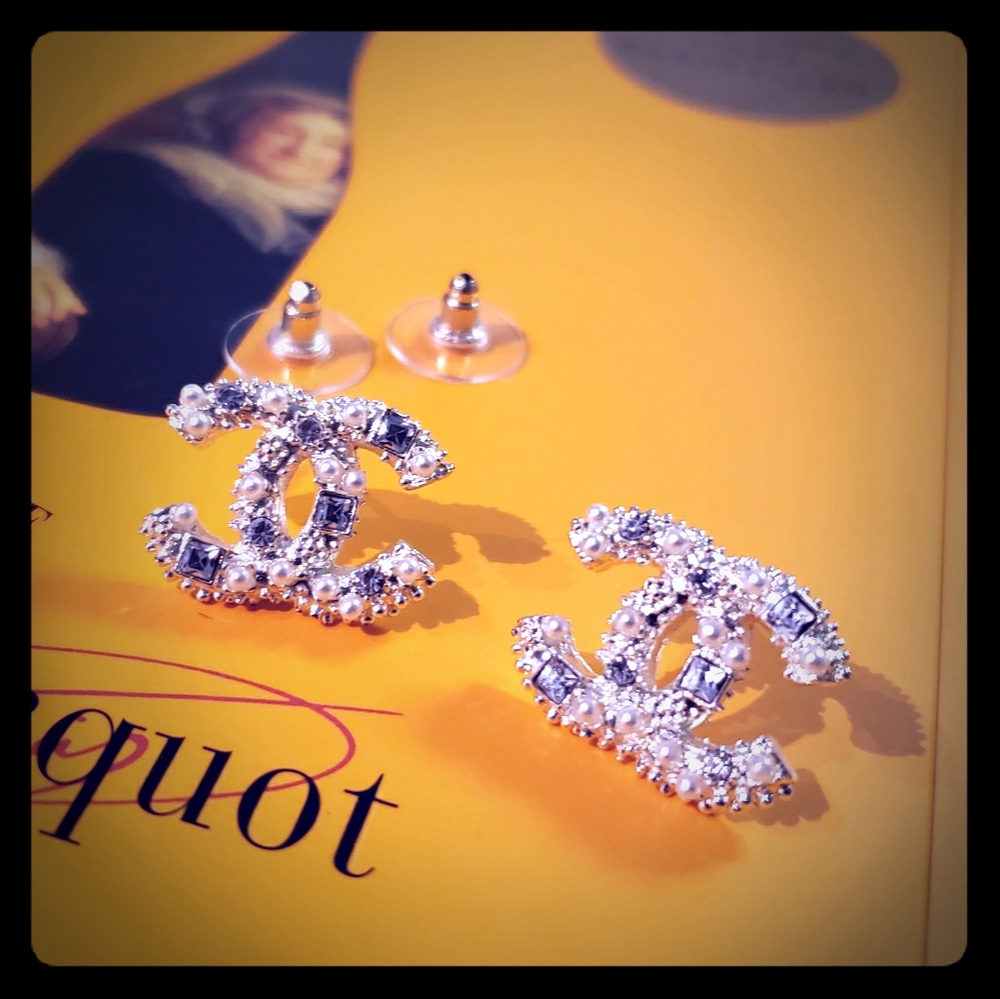 Vintage Coco Chanel pearl crystal stud earrings